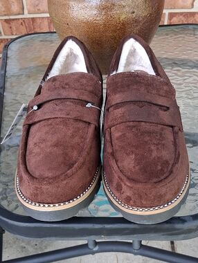 Womens Taryn Rose Brown Suede Penny Loafers with Plush Lining
